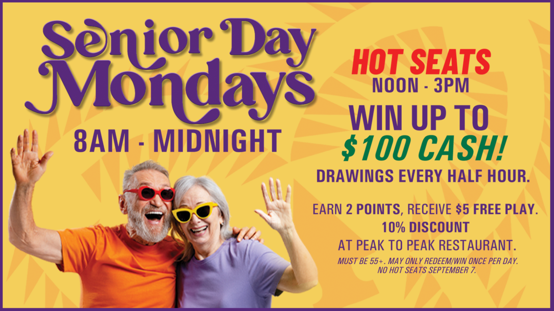 Two excited seniors celebrating KLA‑MO‑YA Casino’s Senior Day Mondays promotion featuring hot seat drawings, up to $100 cash prizes, free play rewards, and restaurant discounts.
