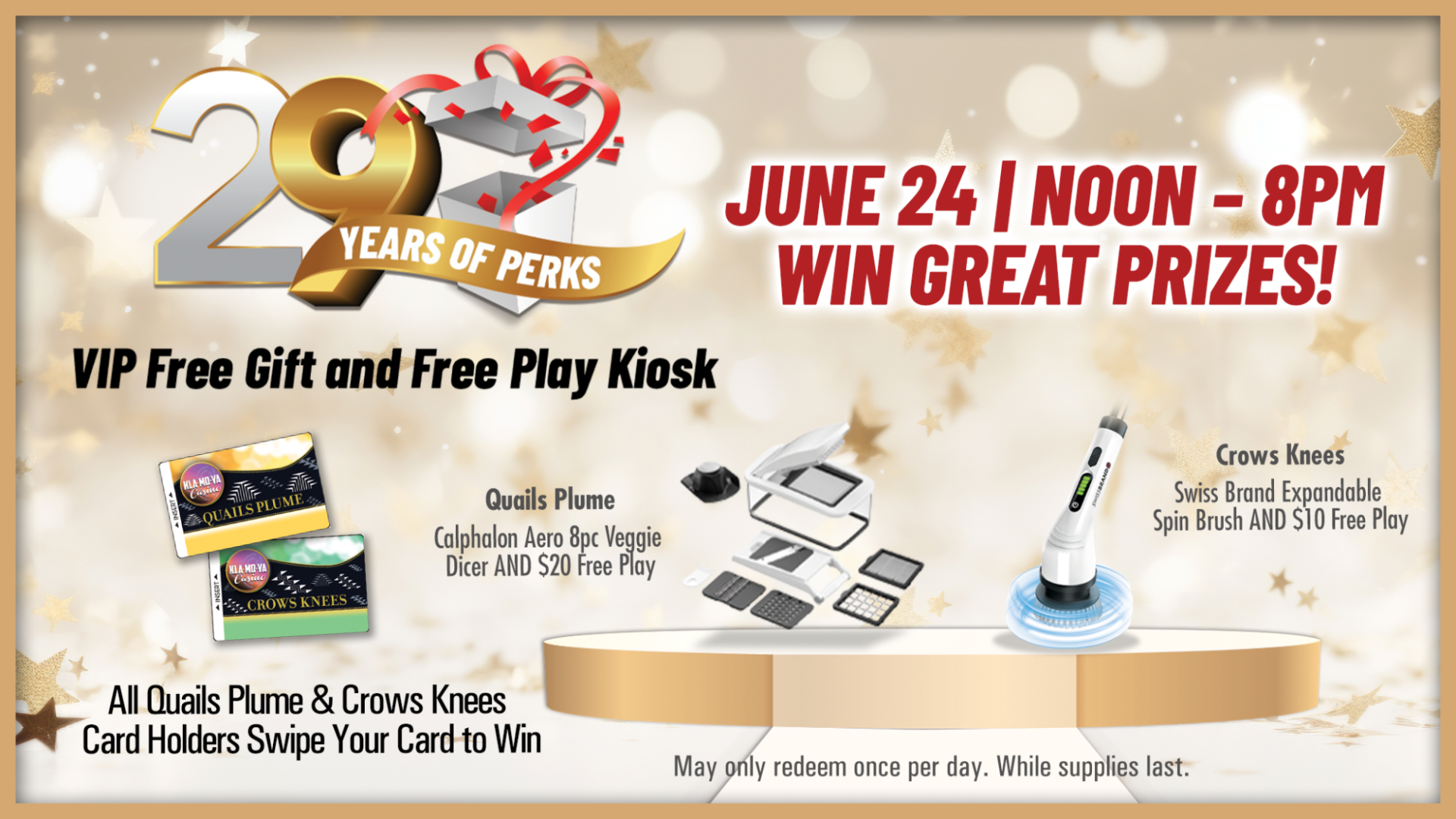 Gold and silver anniversary graphic showing VIP card tiers and prizes including a veggie dicer and spin brush for qualifying cardholders.