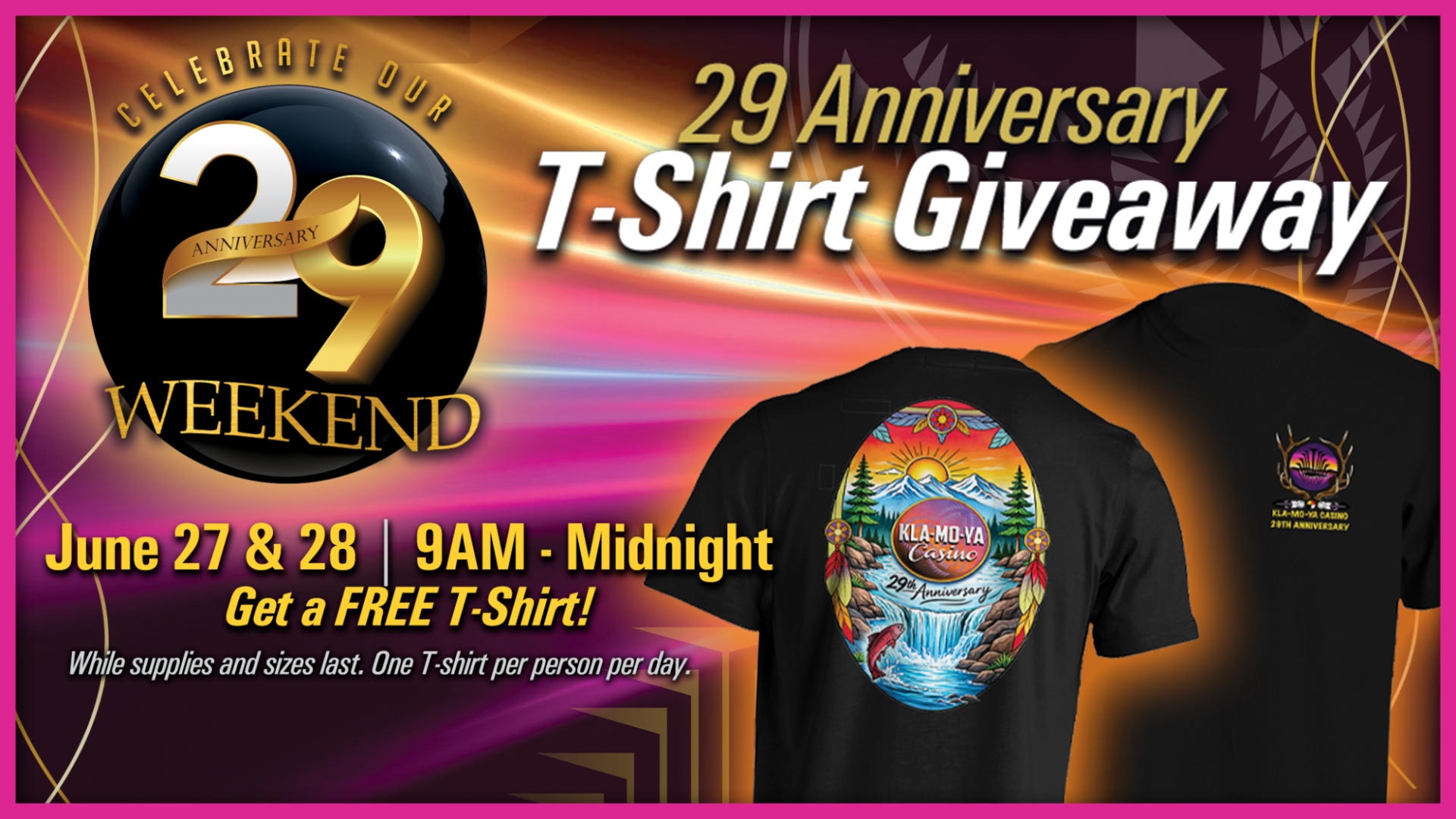 Two black anniversary T‑shirts on a colorful background promoting a casino’s 29th anniversary giveaway event.