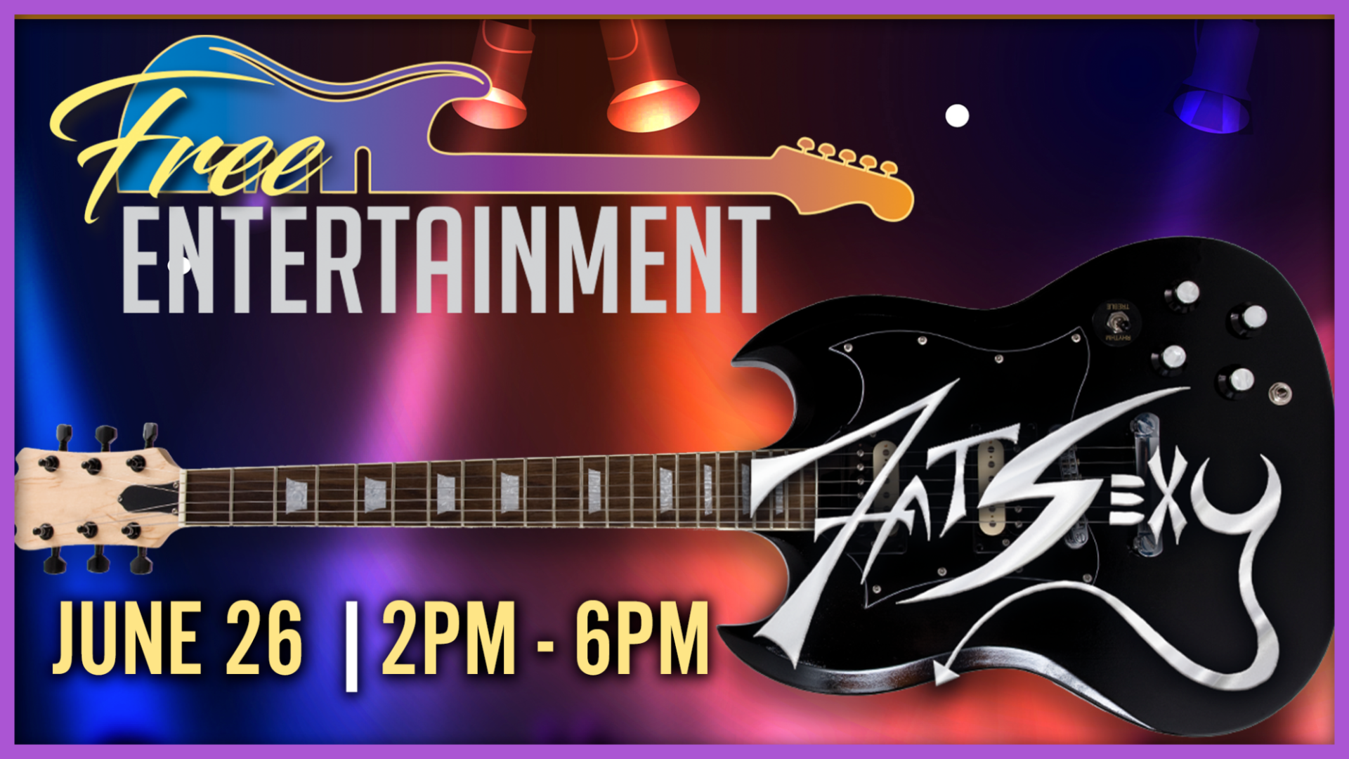 Electric guitar with colorful stage lighting promoting a free live music performance on June 26.