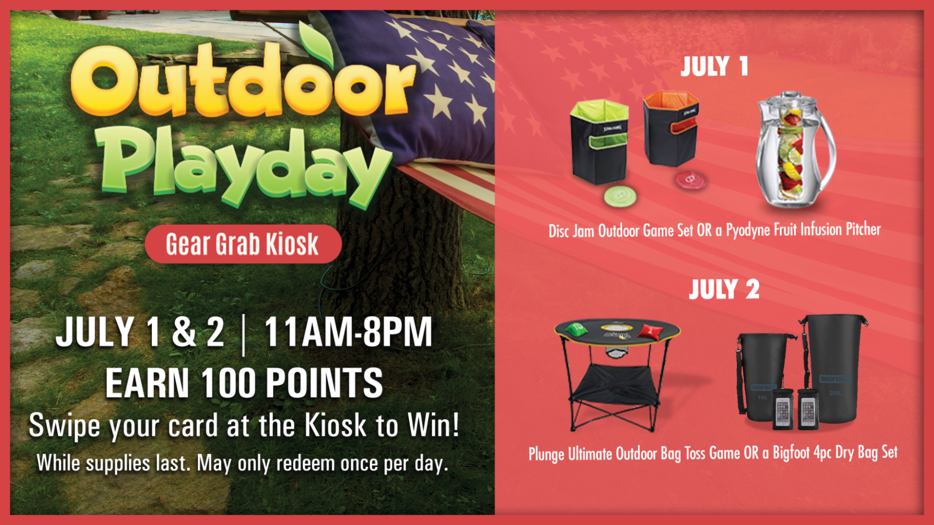 Hammock with patriotic pattern promoting a two‑day kiosk event offering outdoor game sets and summer gear for point earners.