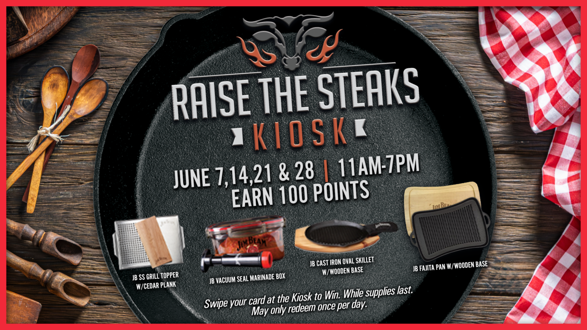 Cast iron skillet with grilling utensils promoting a kiosk event offering cooking‑themed prizes for earning points.