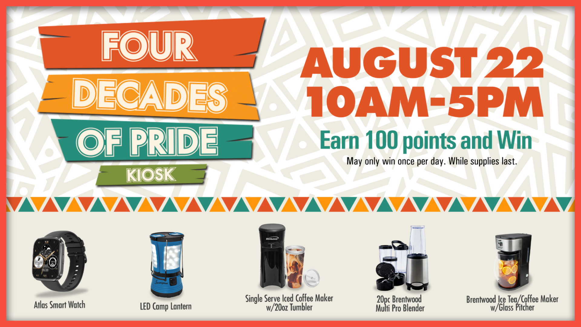 Four Decades of Pride Kiosk promotion showing August 22 event details and prize images at KLA‑MO‑YA Casino.