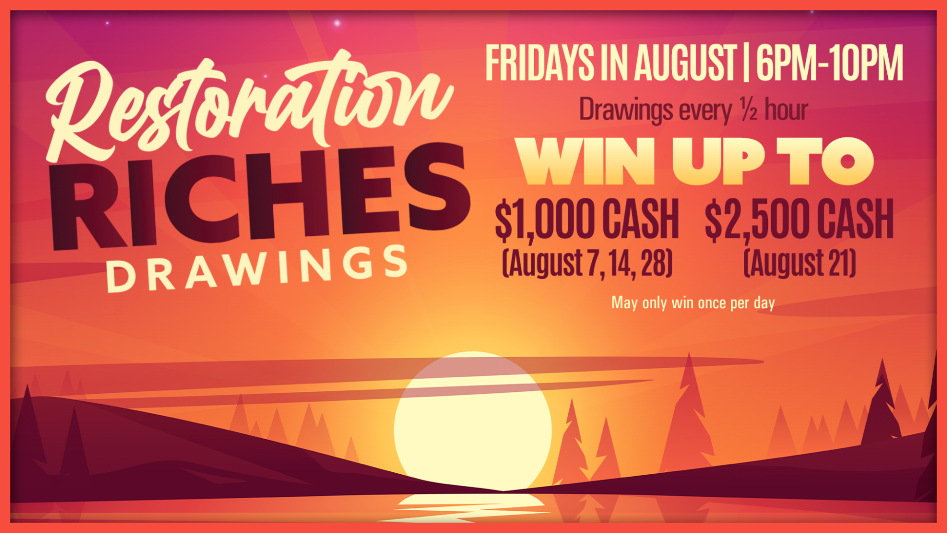 Restoration Riches Drawings poster showing Friday event times and cash prizes up to $2,500 at KLA‑MO‑YA Casino.
