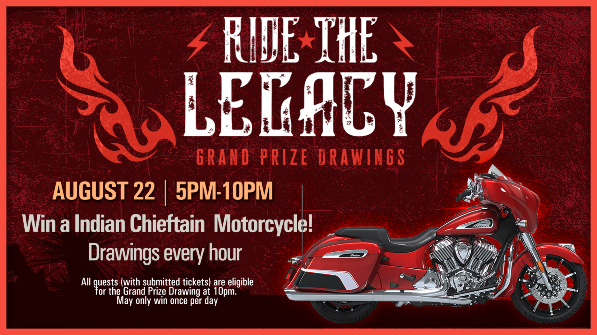 Ride the Legacy promotion graphic featuring an Indian Chieftain motorcycle and hourly drawings on August 22 at KLA‑MO‑YA Casino.