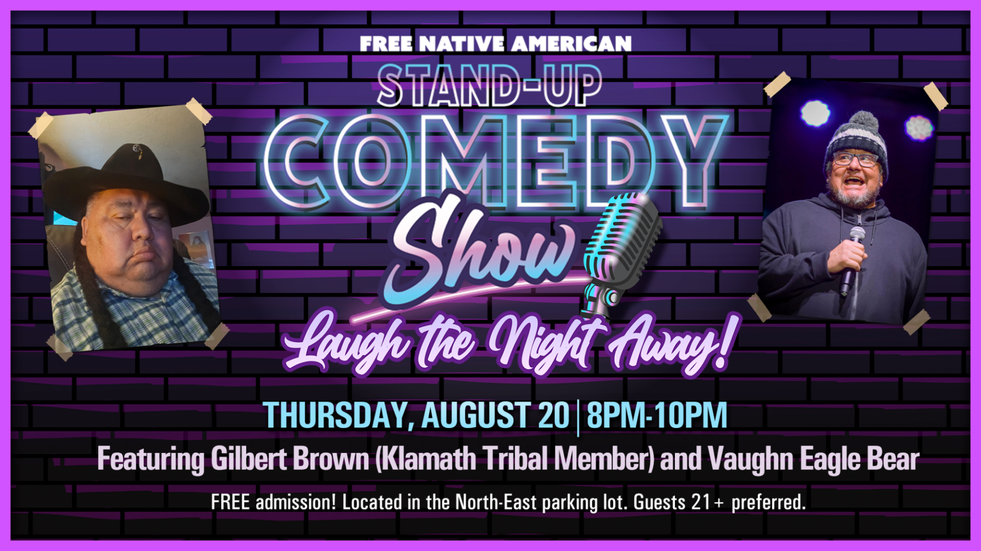 Free Native American stand‑up comedy show poster featuring Gilbert Brown and Vaughn Eagle Bear with event details for August 20 at KLA‑MO‑YA Casino.