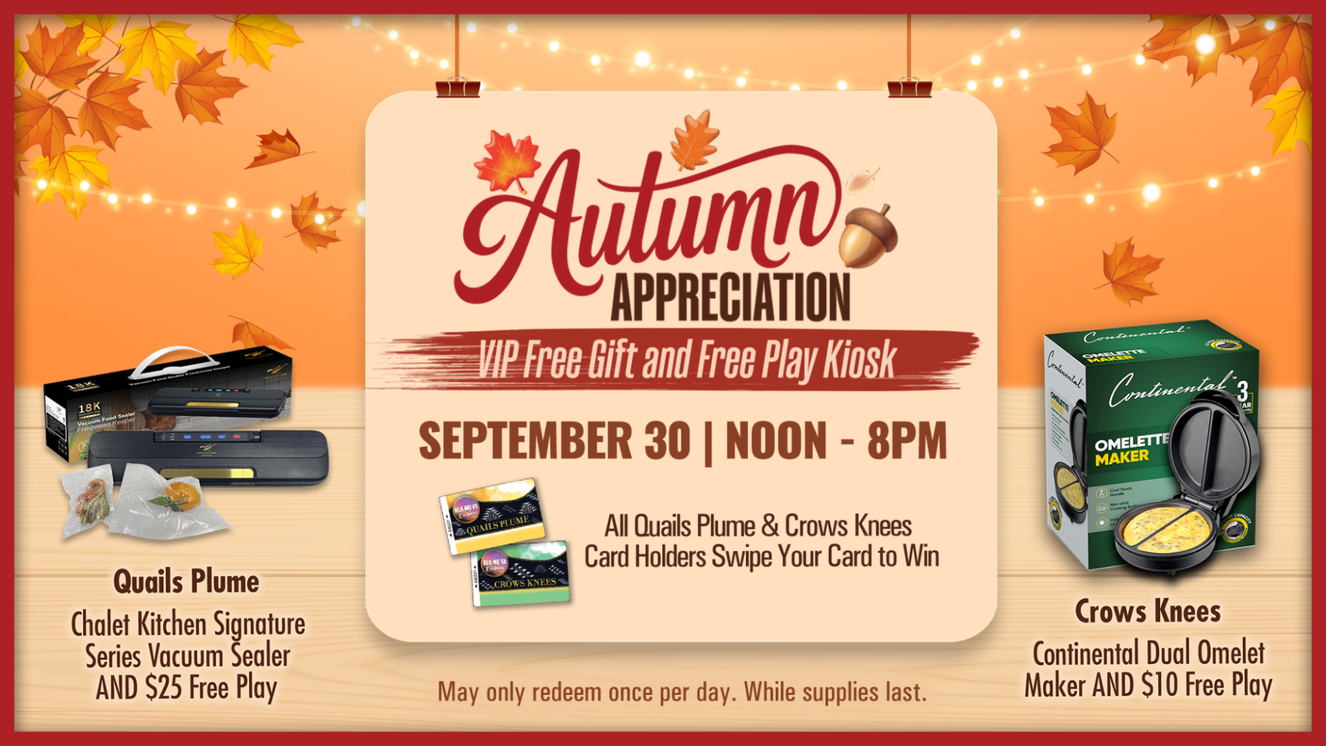 Autumn Appreciation VIP promo with fall leaves, warm lighting, and images of the Quails Plume vacuum sealer gift and Crows Knees omelet maker gift for September 30.