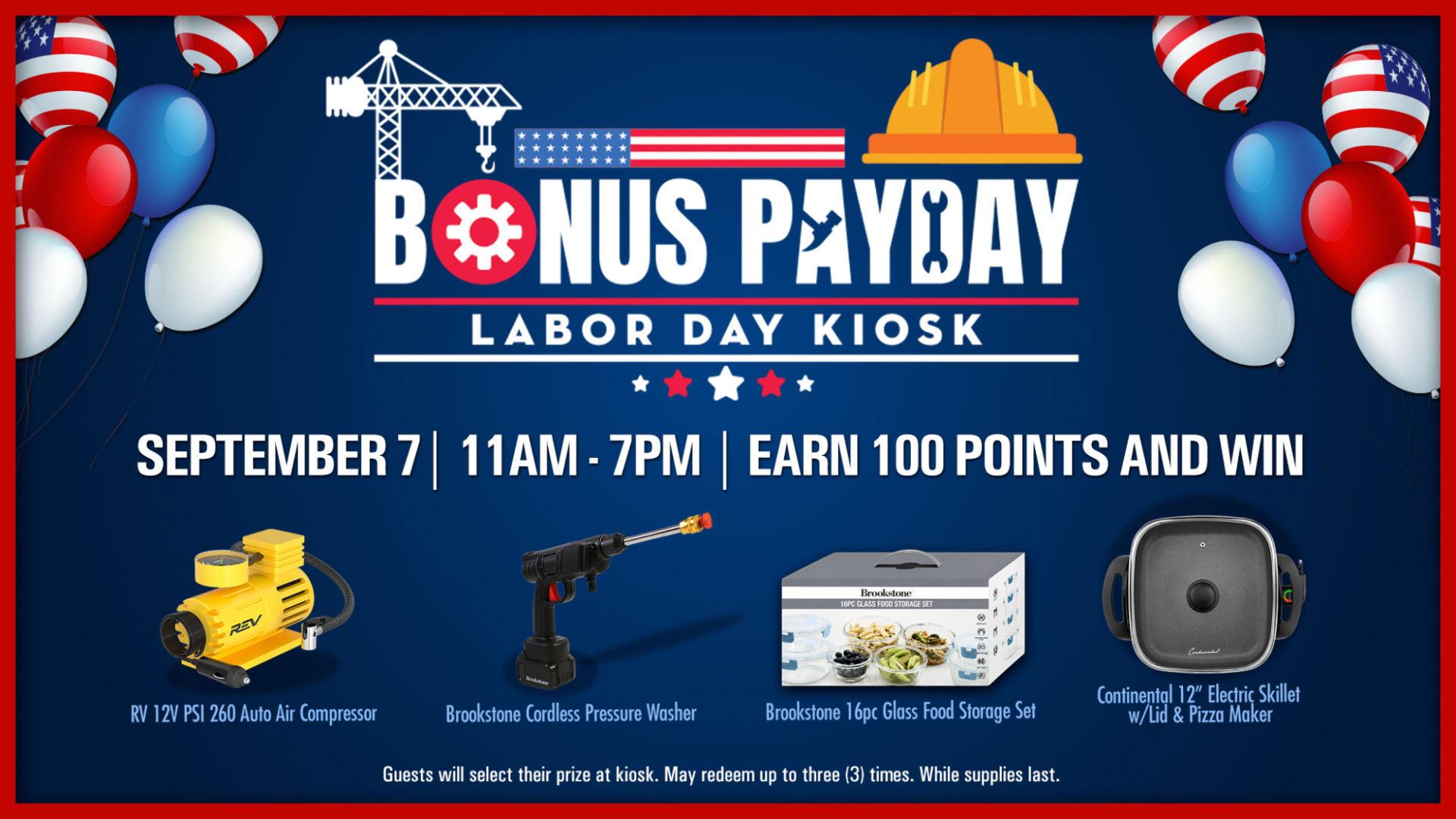 Labor Day kiosk promo featuring air compressor, pressure washer, glass storage set, and electric skillet prizes.