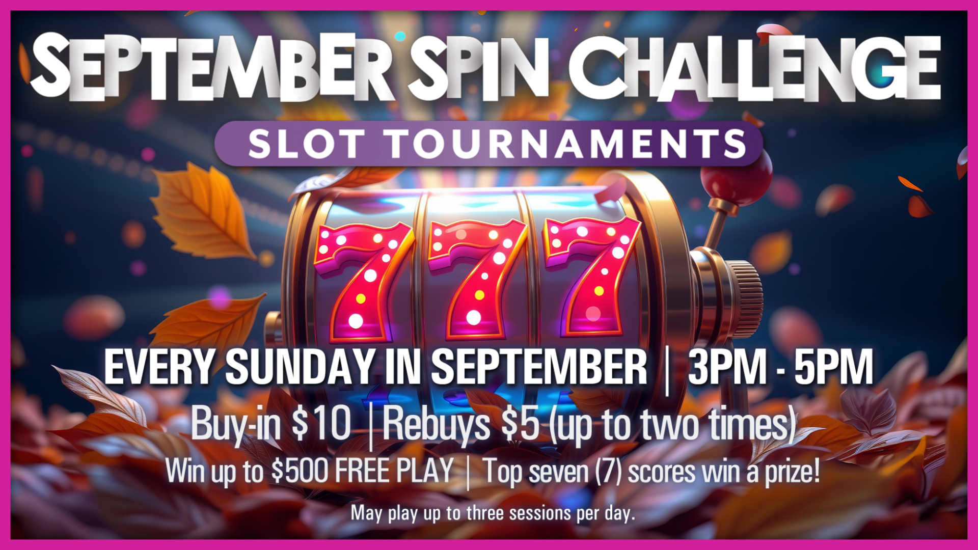 September Spin Challenge slot tournament graphic with a glowing 777 slot machine, autumn leaves, and event details for Sunday tournaments.