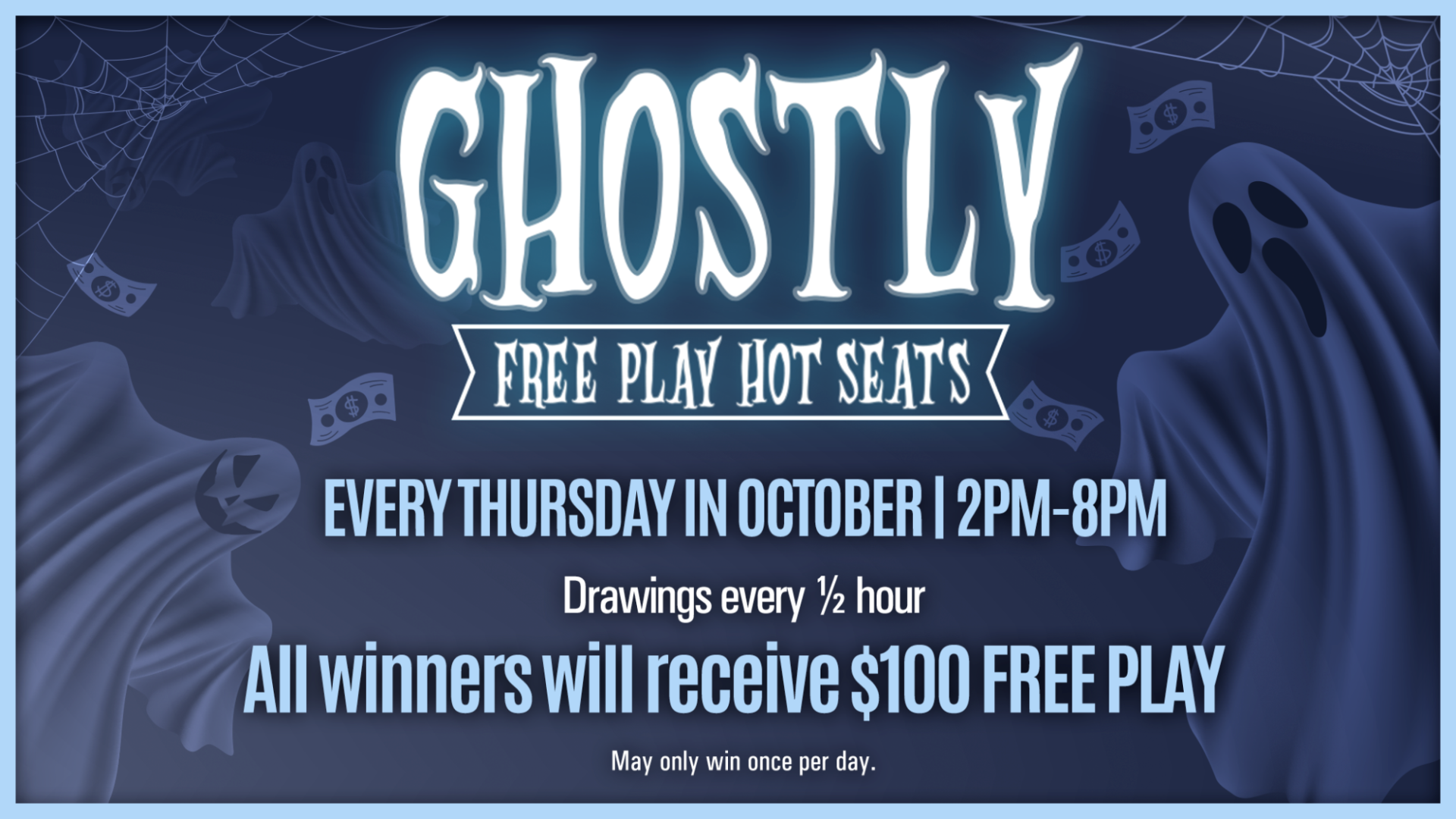 Halloween-themed Ghostly Free Play Hot Seats event at KLA-MO-YA Casino featuring hot seat drawings every half hour and $100 free play prizes every Thursday in October from 2 PM to 8 PM.
