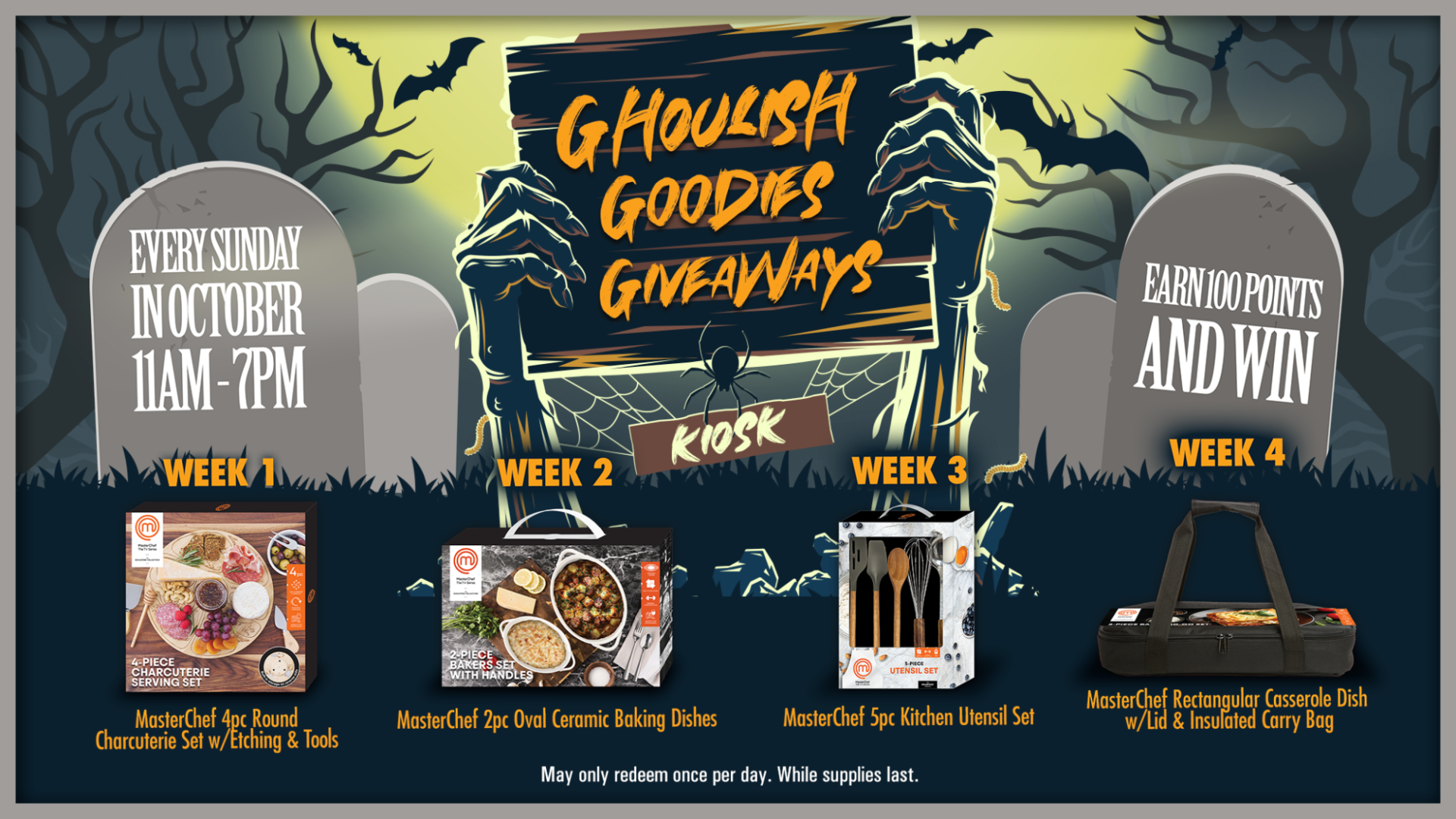 Ghoulish Goodies Giveaways promotion at KLA-MO-YA Casino every Sunday in October featuring kiosk prize giveaways including MasterChef kitchenware, bakeware, charcuterie sets, and cookware rewards.