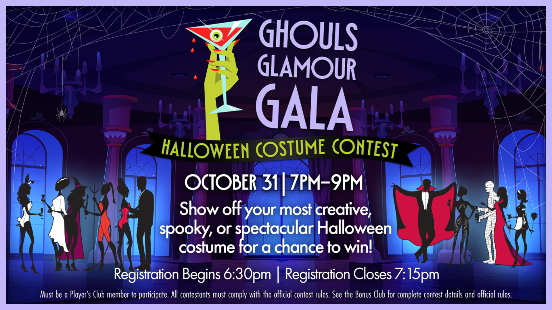 Halloween costume contest at KLA-MO-YA Casino featuring the Ghouls Glamour Gala on October 31 from 7 PM to 9 PM, with guests showcasing creative and spooky costumes for a chance to win prizes.