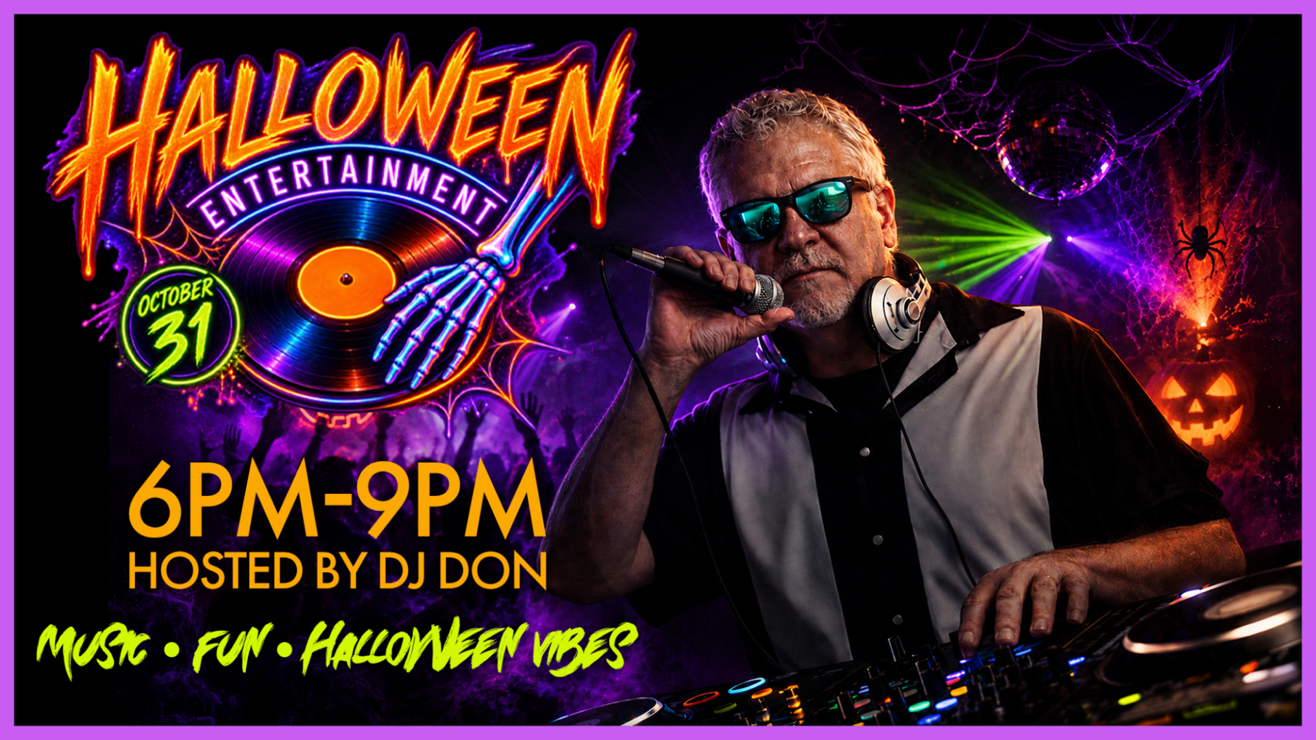 Halloween entertainment event at KLA-MO-YA Casino featuring DJ Don, live music, dancing, and Halloween-themed festivities on October 31 from 6 PM to 9 PM.