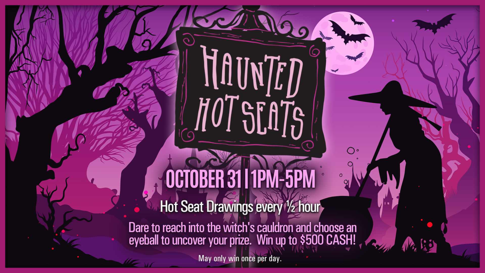 Halloween-themed Haunted Hot Seats promotion at KLA-MO-YA Casino featuring hot seat drawings every half hour and opportunities to win up to $500 cash on October 31.