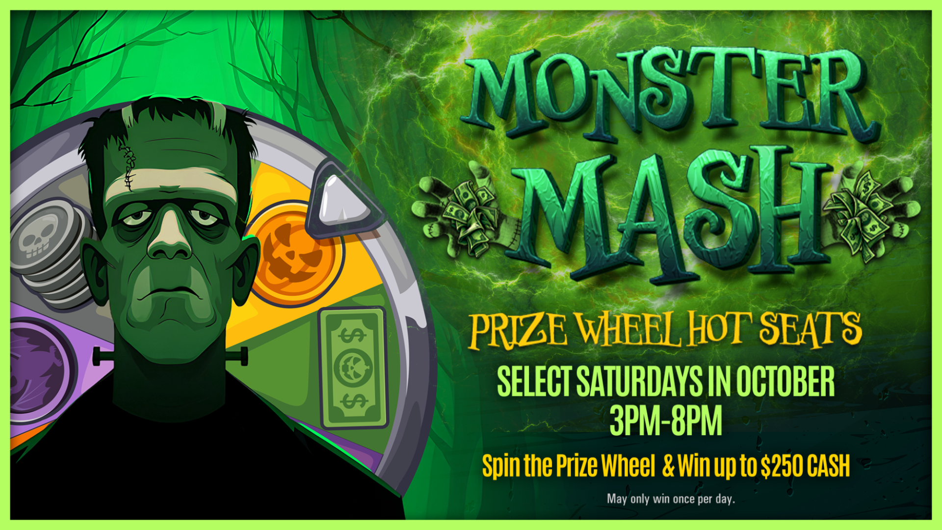 Halloween Monster Mash casino promotion featuring a Frankenstein character, prize wheel hot seats, and opportunities to win up to $250 cash at KLA-MO-YA Casino.