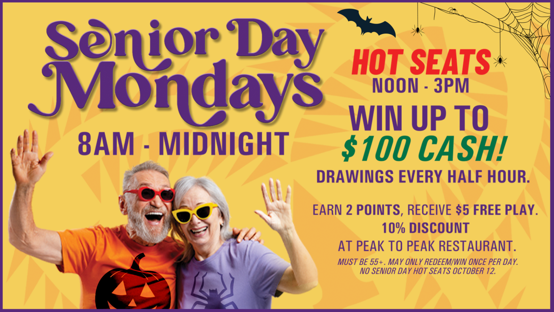 Senior Day Monday promotion at KLA-MO-YA Casino featuring hot seat drawings, free play rewards, restaurant discounts, and cash prizes for guests age 55 and older.