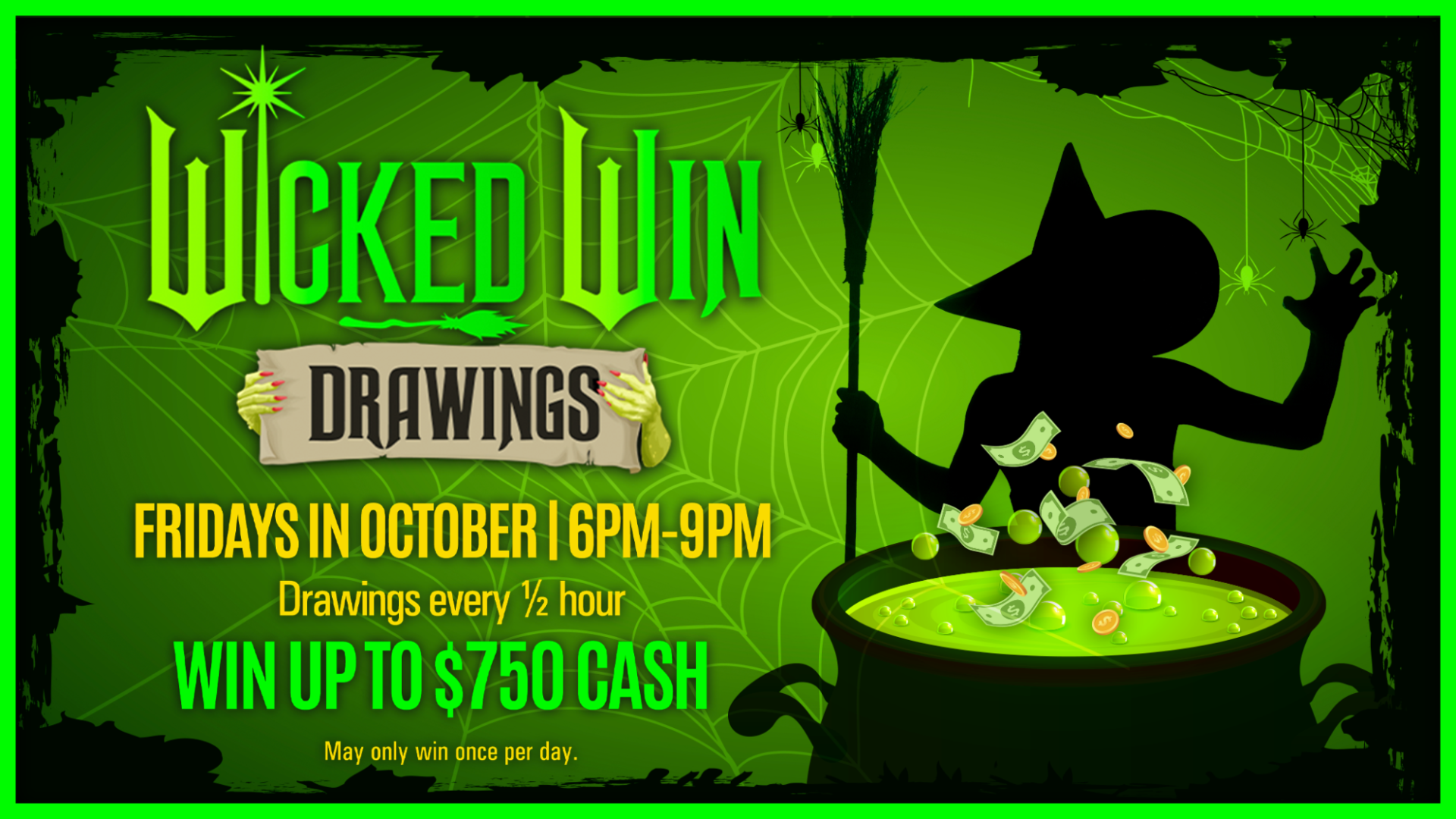 Halloween-themed Wicked Win Drawings promotion at KLA-MO-YA Casino featuring Friday cash drawings in October from 6 PM to 9 PM with prizes up to $750 cash.