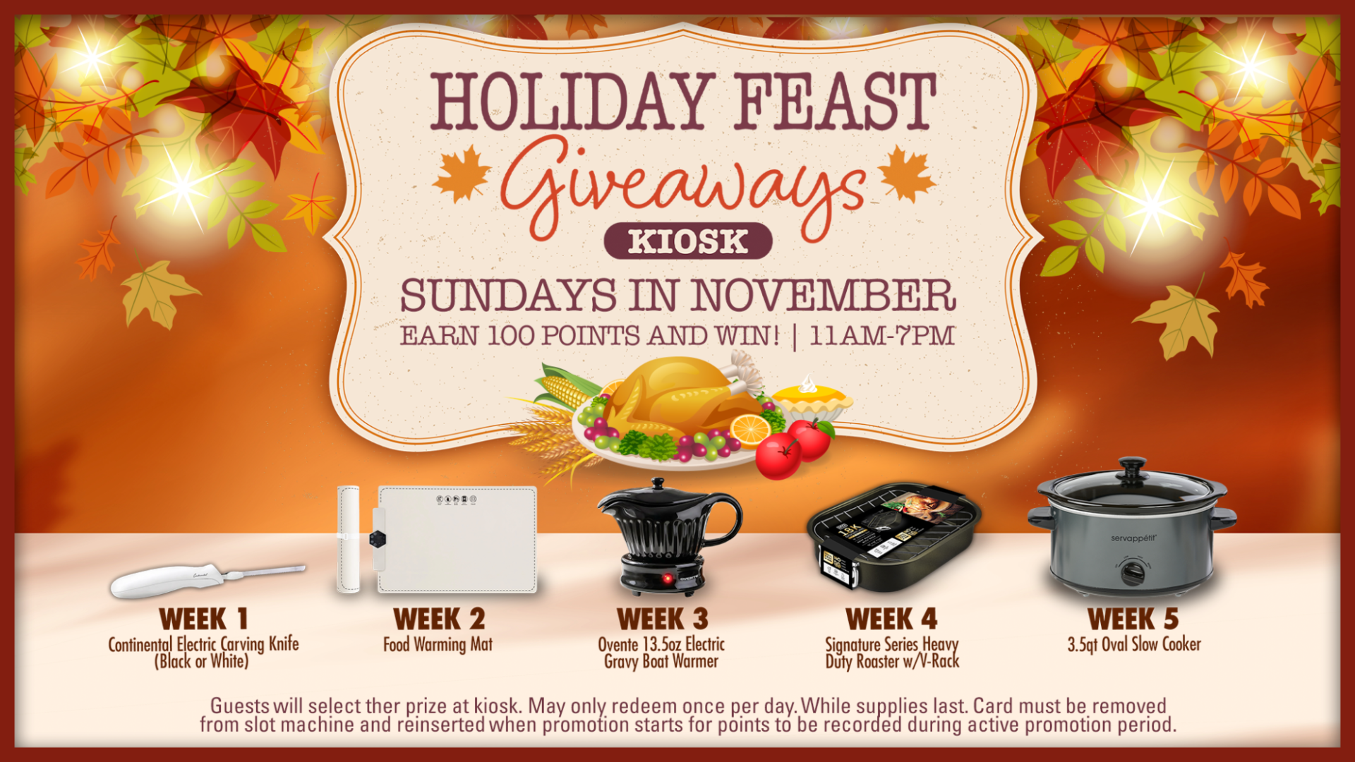 Holiday Feast Giveaways kiosk promotion at KLA-MO-YA Casino featuring weekly kitchen and holiday cooking prizes every Sunday in November from 11 AM to 7 PM.